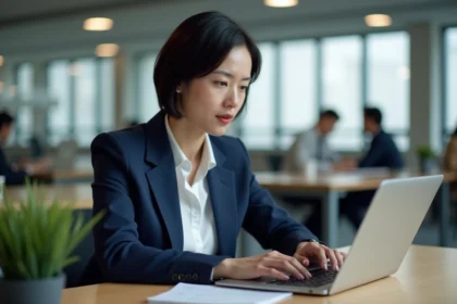 Professionnelle en entreprise accédant à une connexion sécurisée sur son ordinateur portable dans un open-space moderne