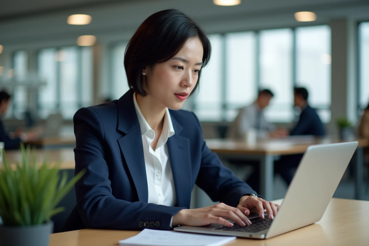 Professionnelle en entreprise accédant à une connexion sécurisée sur son ordinateur portable dans un open-space moderne