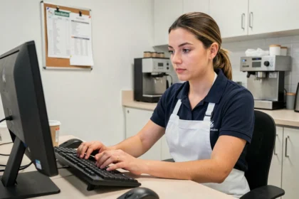 Employée Marie Blachère accédant à l'intranet de l'entreprise depuis un poste informatique en salle de pause