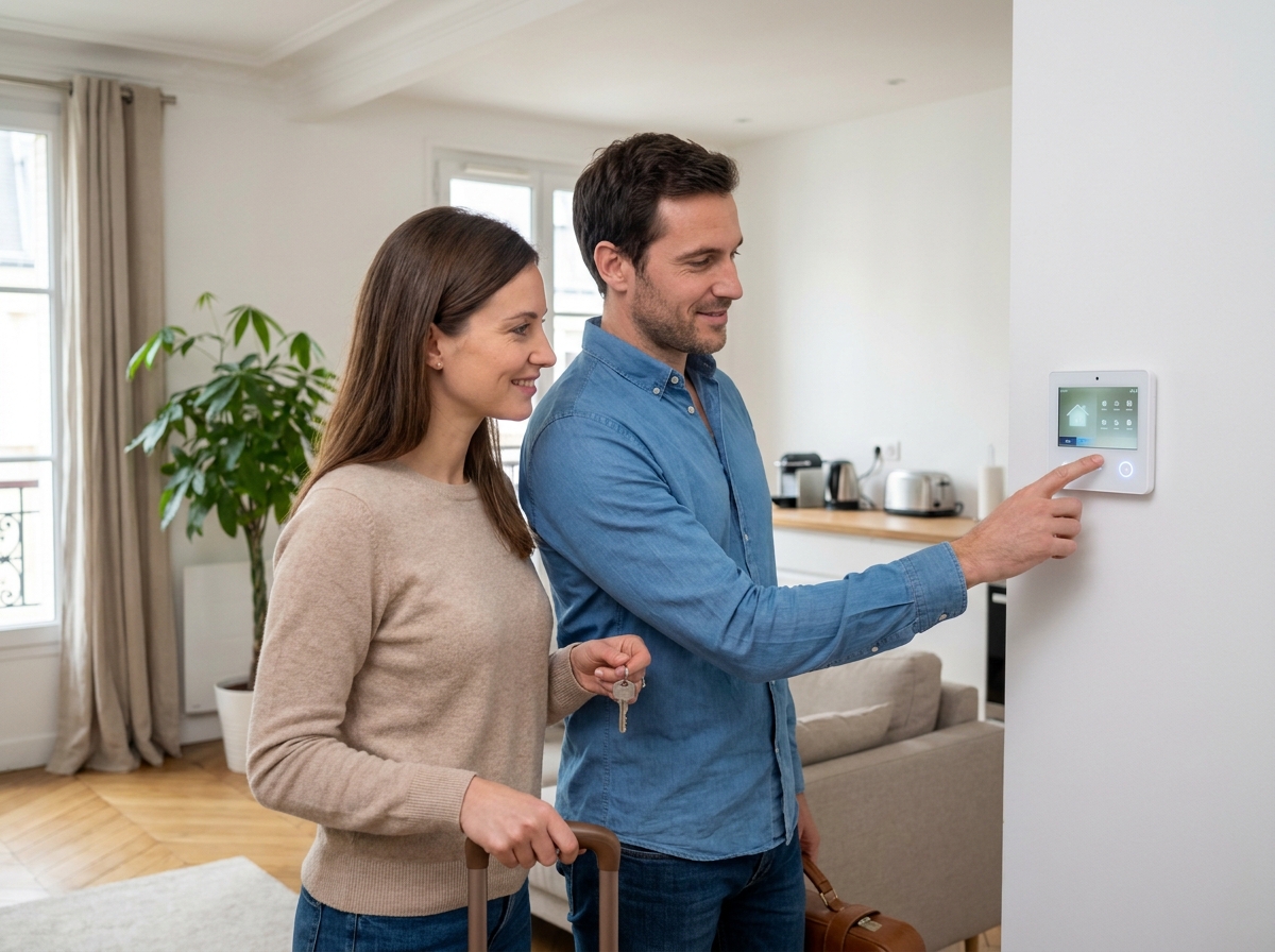 Couple activant le système d'alarme de sécurité à domicile avant de partir en vacances