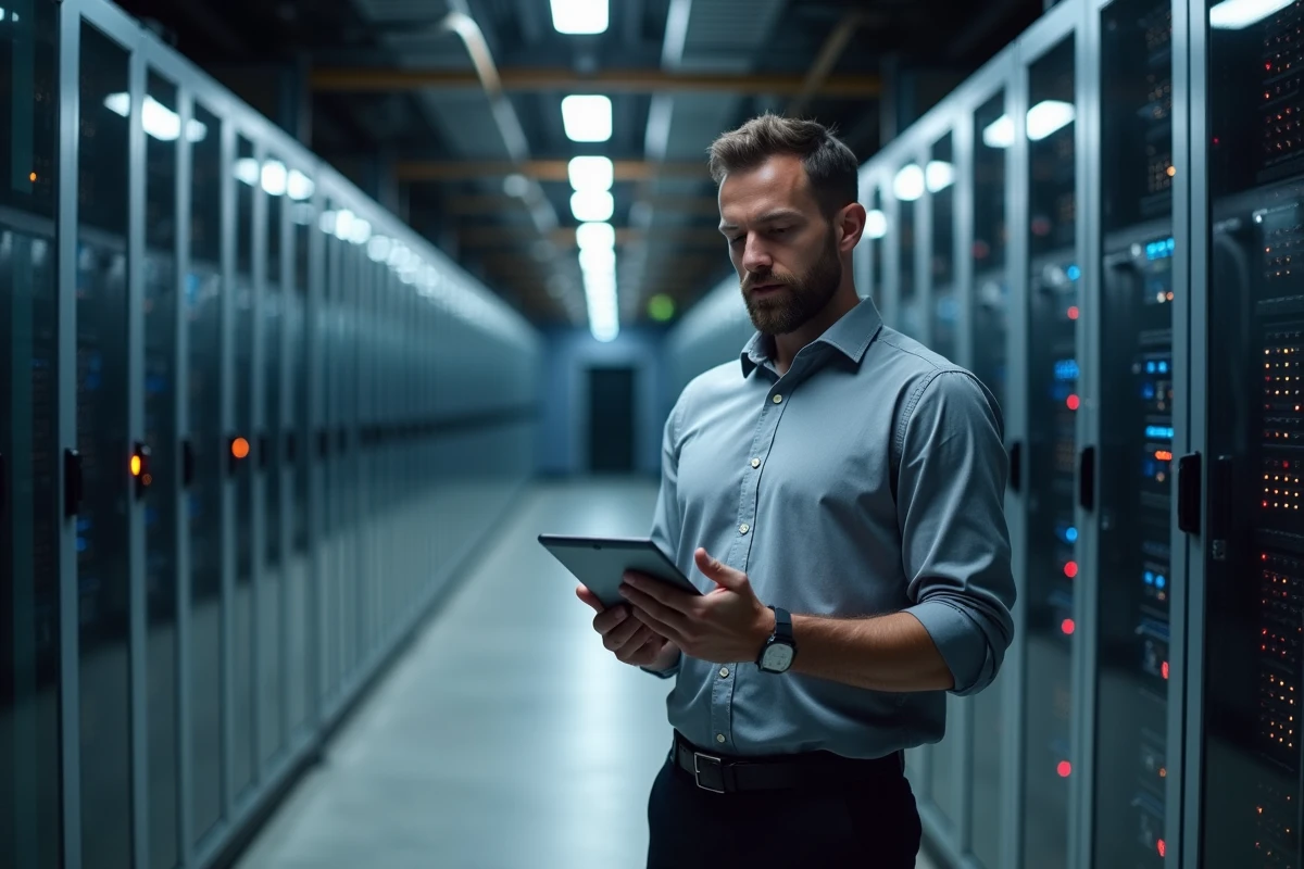 Administrateur réseau en salle serveur vérifiant les accès et connexions d'entreprise sur une tablette