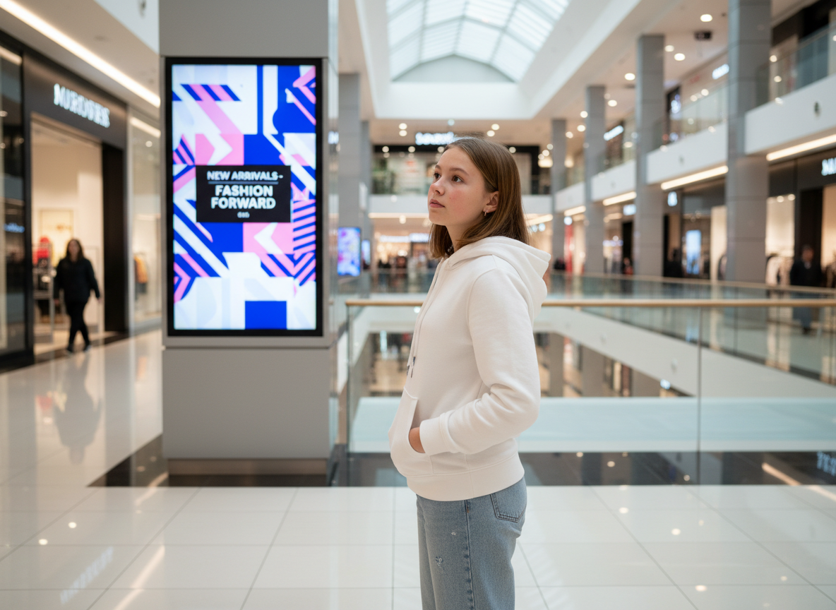 Jeune fille dans un centre commercial regardant un écran digital