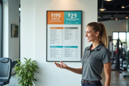 Affiche tarif de salle de sport affichée à l'accueil avec une employée présentant les abonnements et promotions disponibles