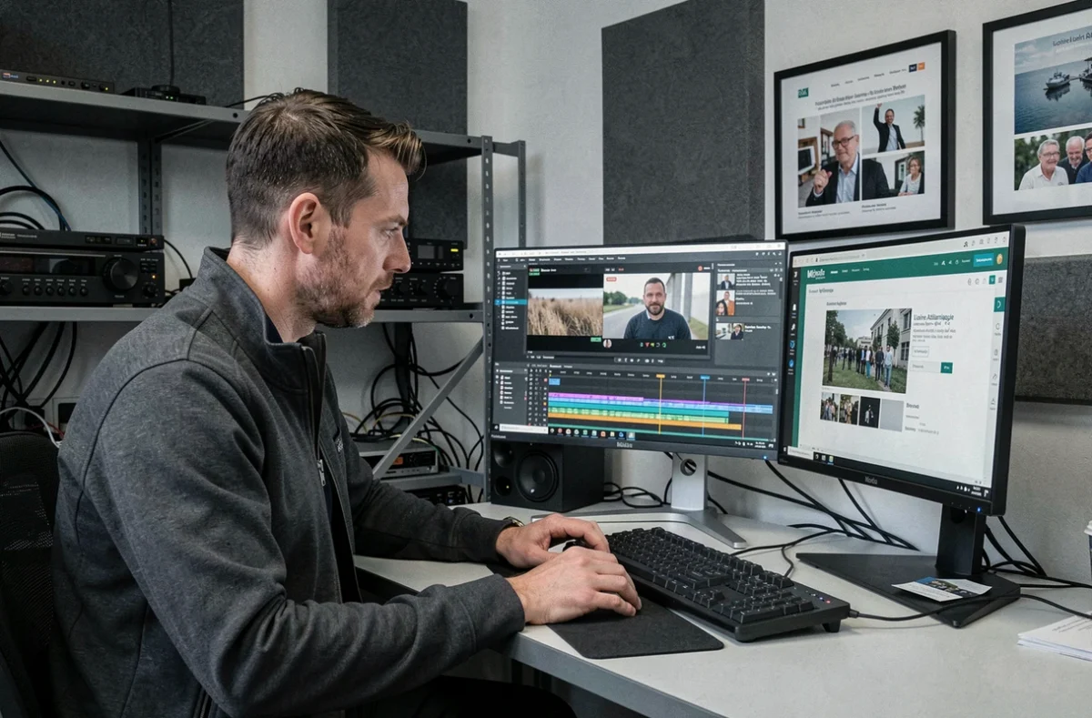 Producteur vidéo et web de l'agence Dclik en train de monter une vidéo pour un projet web client dans leur studio de Loire-Atlantique