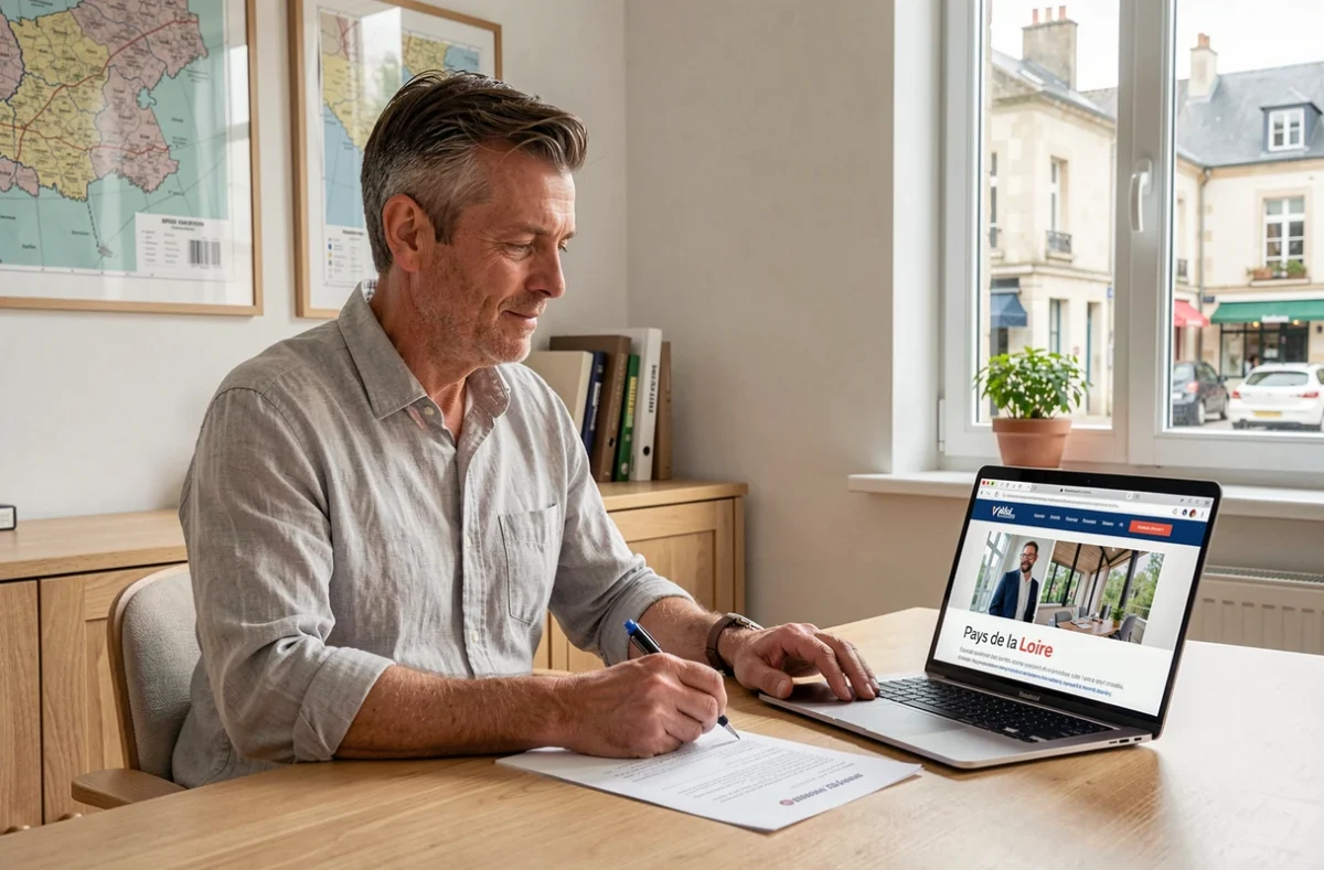 Stratège web de l'agence THRIVE consultant une stratégie digitale pour un client des Pays de la Loire dans un bureau professionnel