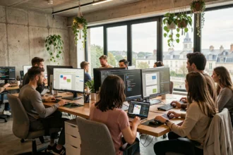Vue panoramique d'une agence de création de sites internet moderne dans les Pays de la Loire avec des professionnels travaillant sur des projets web