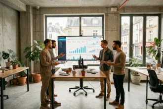 Équipe d'une agence de marketing digital en Maine-et-Loire collaborant autour d'écrans d'analyses dans un bureau moderne à Angers