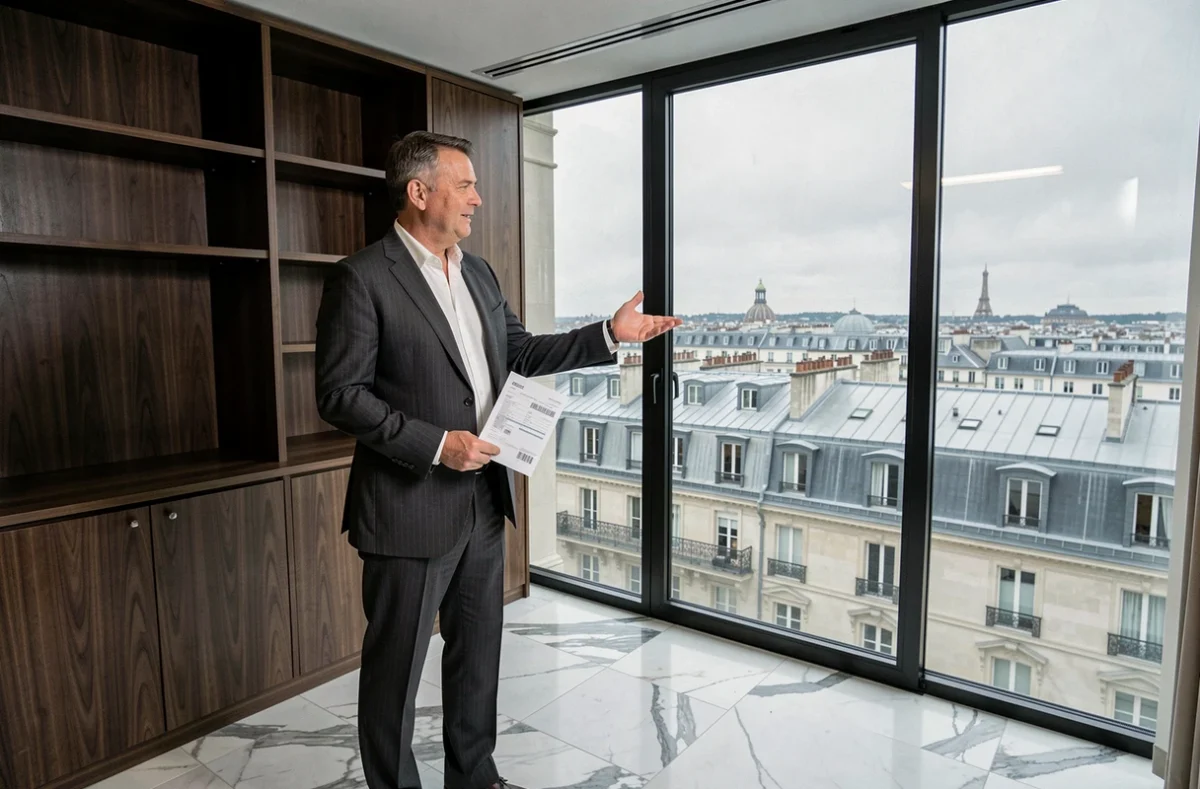 Agent immobilier présentant un bureau exécutif à louer à Paris avec vue panoramique sur les toits haussmanniens