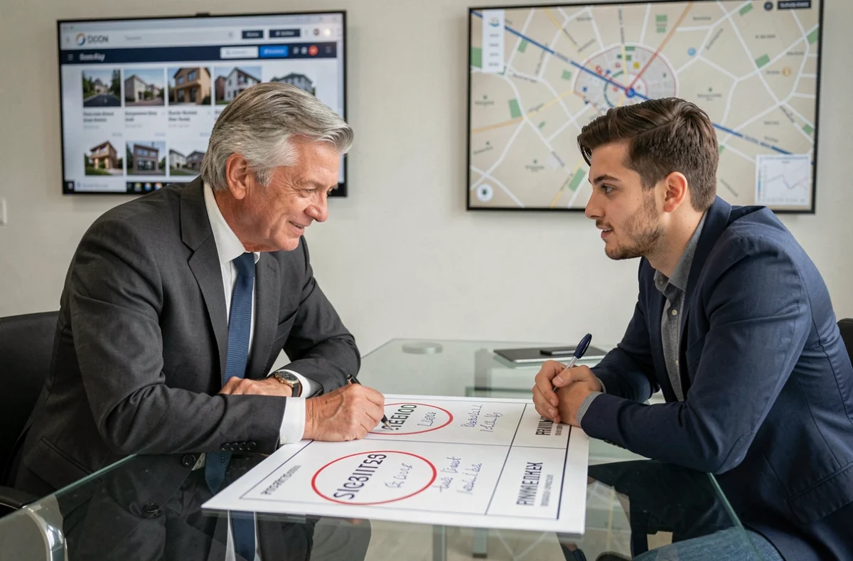 Agent immobilier présentant une comparaison d'offres de location de bureaux à Dijon à un entrepreneur