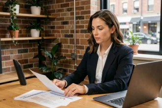 Entrepreneuse consultant des dossiers d'aides financières dans un espace de coworking moderne