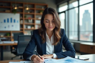 Femme professionnelle analysant des indicateurs économiques territoriaux sur des cartes imprimées dans un bureau moderne