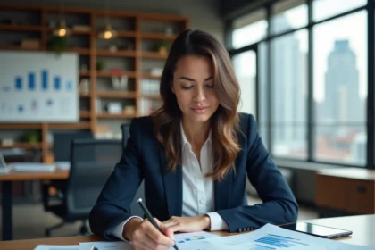 Femme professionnelle analysant des indicateurs économiques territoriaux sur des cartes imprimées dans un bureau moderne