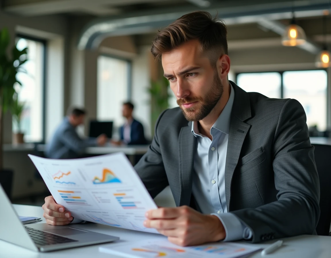 Homme d'affaires analysant une synthèse d'indicateurs territoriaux et économiques sur ordinateur portable dans un bureau moderne