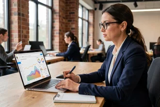 Professionnelle analysant les statistiques de visibilité d'un site web sur un tableau de bord analytique
