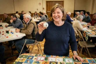 Animatrice de loto associatif tenant un numéro tiré au sort lors d'une soirée loto dans une salle communale