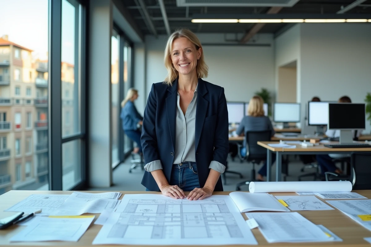 Architecte femme organisant un dossier de demande de qualification bâtiment N4p2 sur une table de travail professionnelle