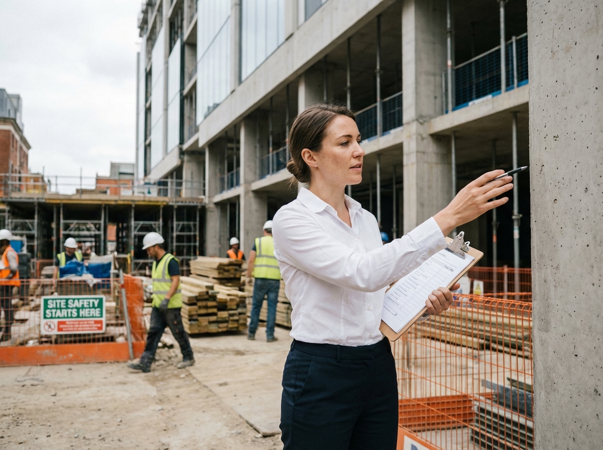 Jeune architecte pointant un plan devant un bâtiment en construction