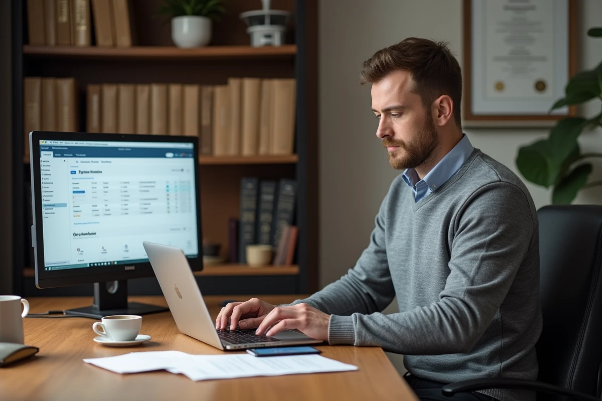 Responsable RH gérant l'archivage numérique de contrats sur ordinateur portable dans son bureau