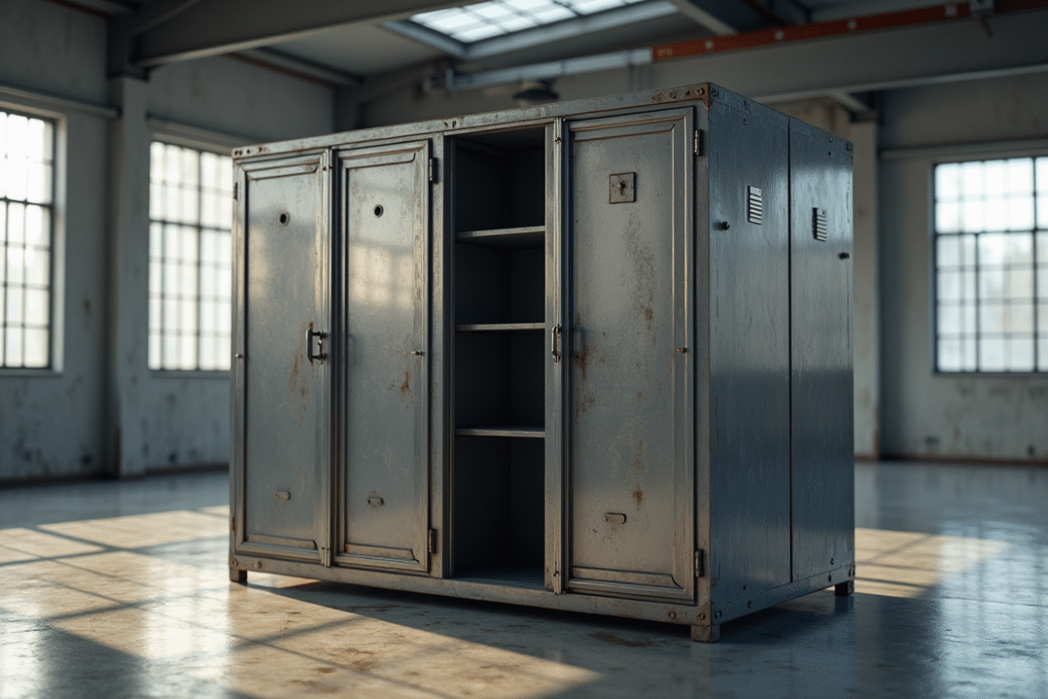 Armoire industrielle en métal robuste dans un entrepôt lumineux