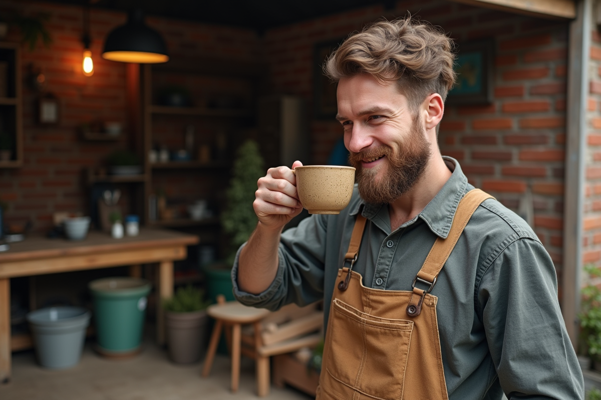 Jeune artisan buvant un café devant son atelier