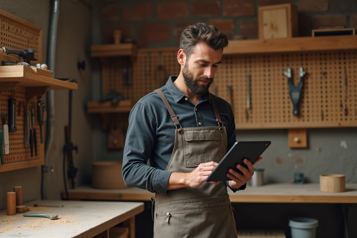 Artisan chef d'entreprise consultant une plateforme de mise en relation professionnelle sur sa tablette dans son atelier
