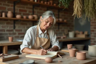 Artisane céramiste qui rédige dans un carnet dans son atelier, illustrant les enjeux de la formulation écrite au féminin