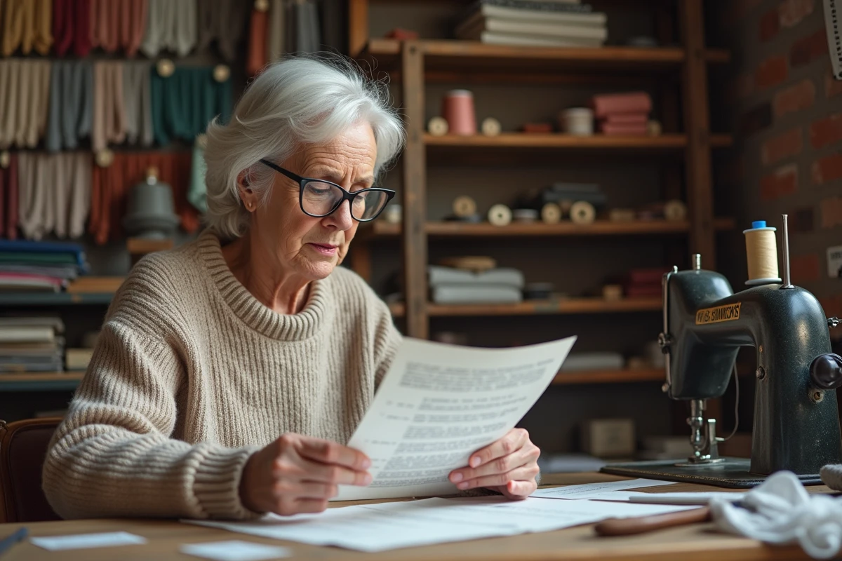 Artisane couturière expérimentée relisant et annotant un document professionnel dans son atelier textile