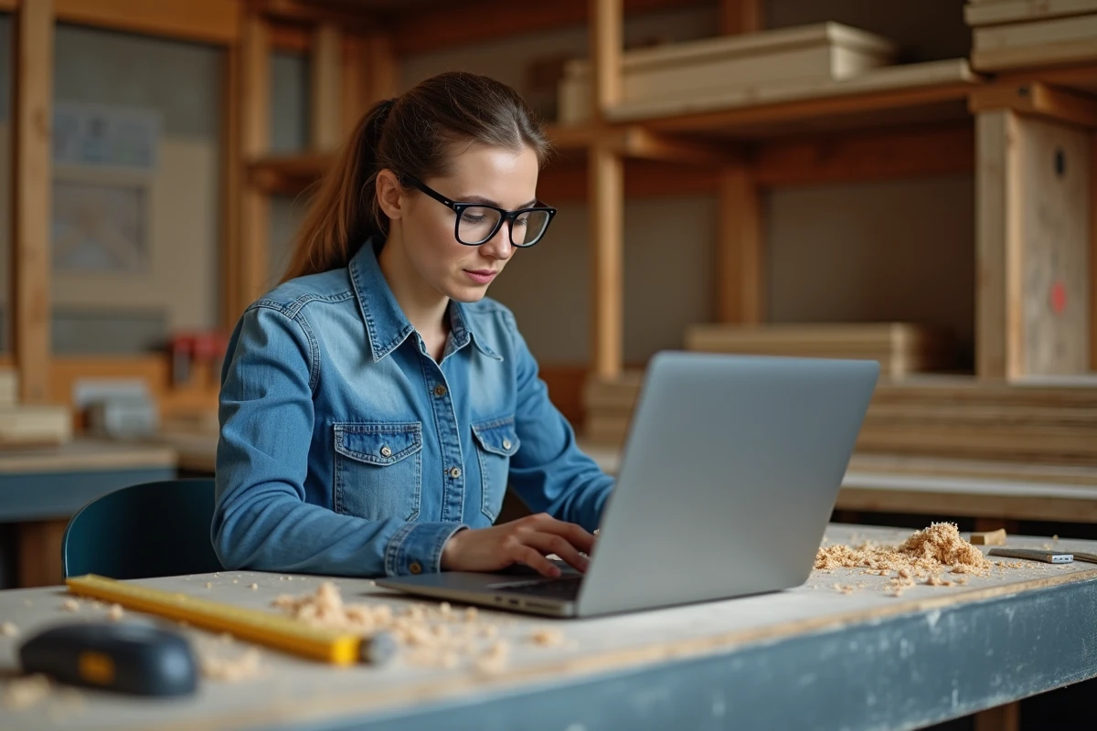 Charpentière artisane consultant un texte professionnel sur ordinateur dans son atelier de menuiserie