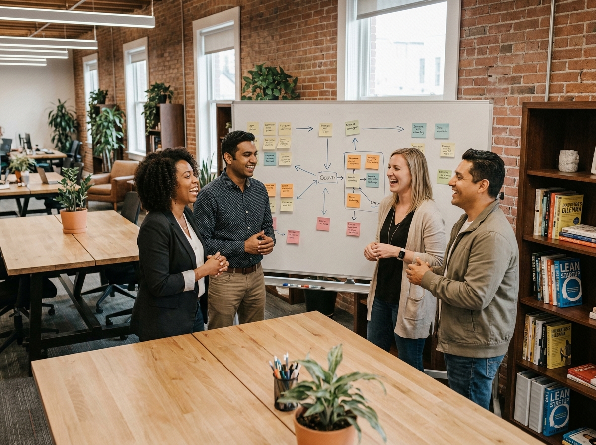 Groupe de professionnels adultes collaborant lors d'un atelier de formation en entreprise autour d'un tableau blanc