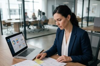Consultante marketing analysant les données d'un audit CRM sur un bureau avec tableaux de bord et documents imprimés