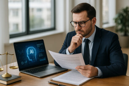 Avocat moderne analysant des documents juridiques avec intelligence artificielle