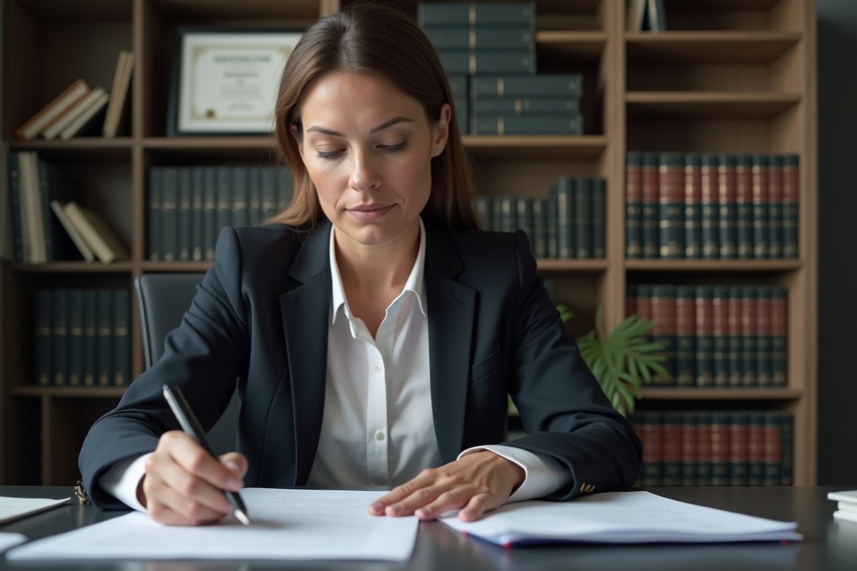 Femme avocate en bureau de droit en train d'étudier des documents