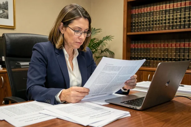 Avocate examinant un document publicitaire avec la mention visuel non contractuel dans un bureau juridique professionnel
