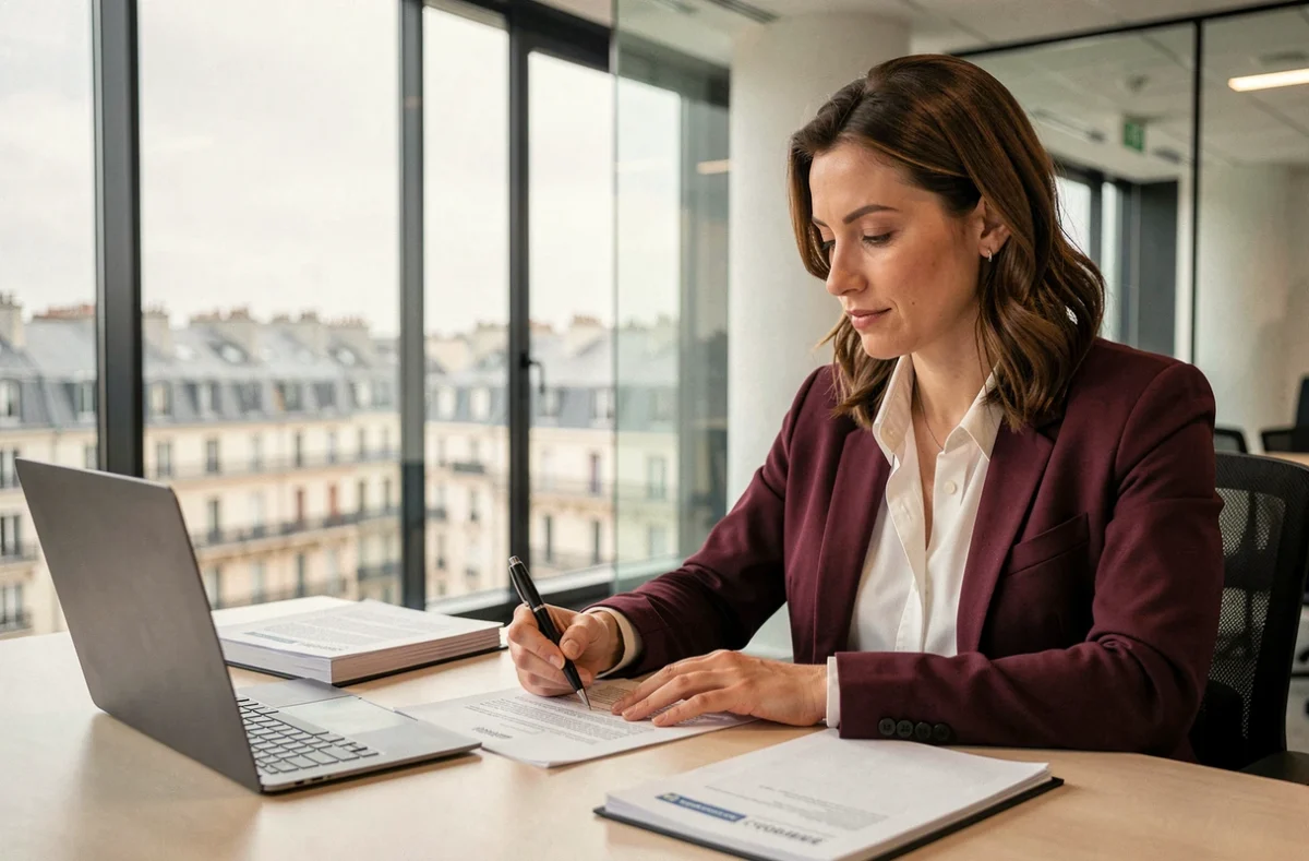 Une avocate du cabinet Berna Associés annotant un contrat d'entreprise dans un bureau moderne avec vue sur la ville