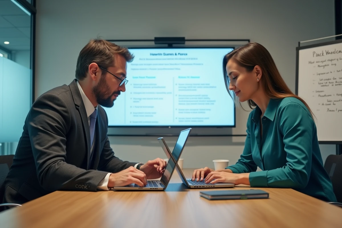 Deux collègues en salle de réunion discutant des bonnes pratiques de connexion et d'accès sécurisé en entreprise