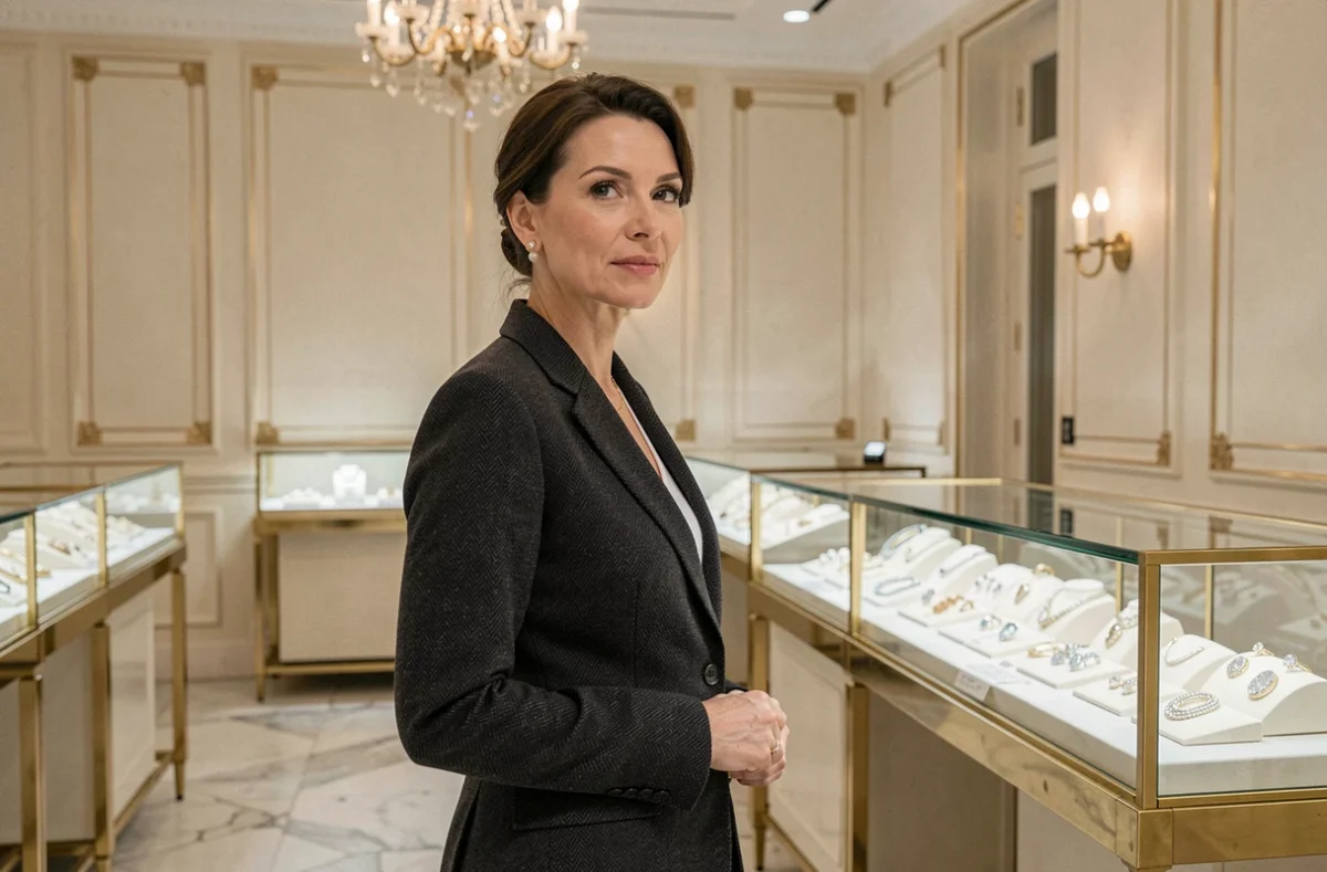 Femme élégante dans une boutique de joaillerie de luxe d'une maison du groupe Richemont à Paris