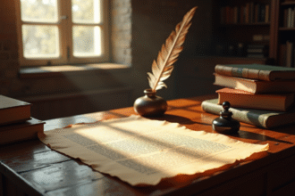 Bureau ancien en bois avec documents et plume pour la propriété intellectuelle