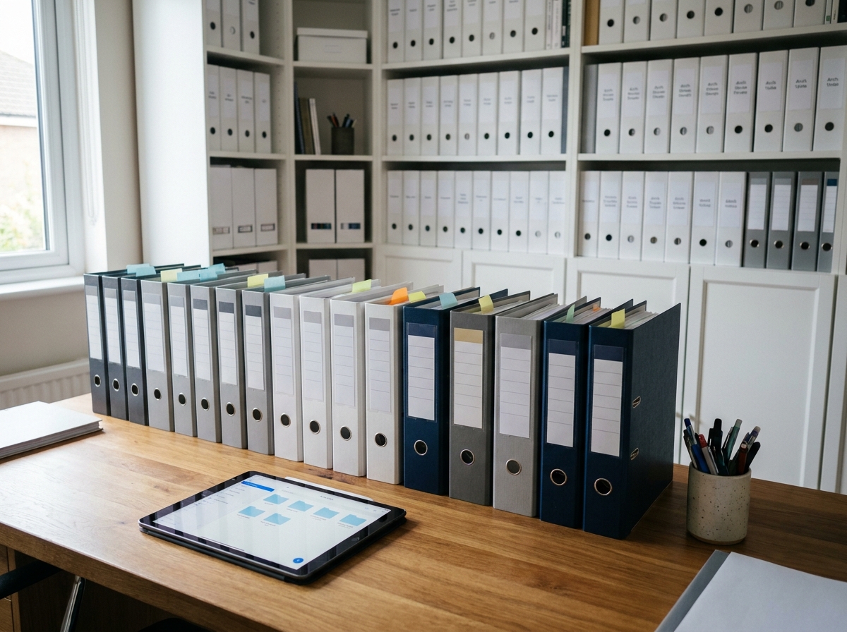 Bureau à domicile bien organisé avec classeurs colorés, boîtes d'archivage étiquetées et système de rangement de documents professionnels