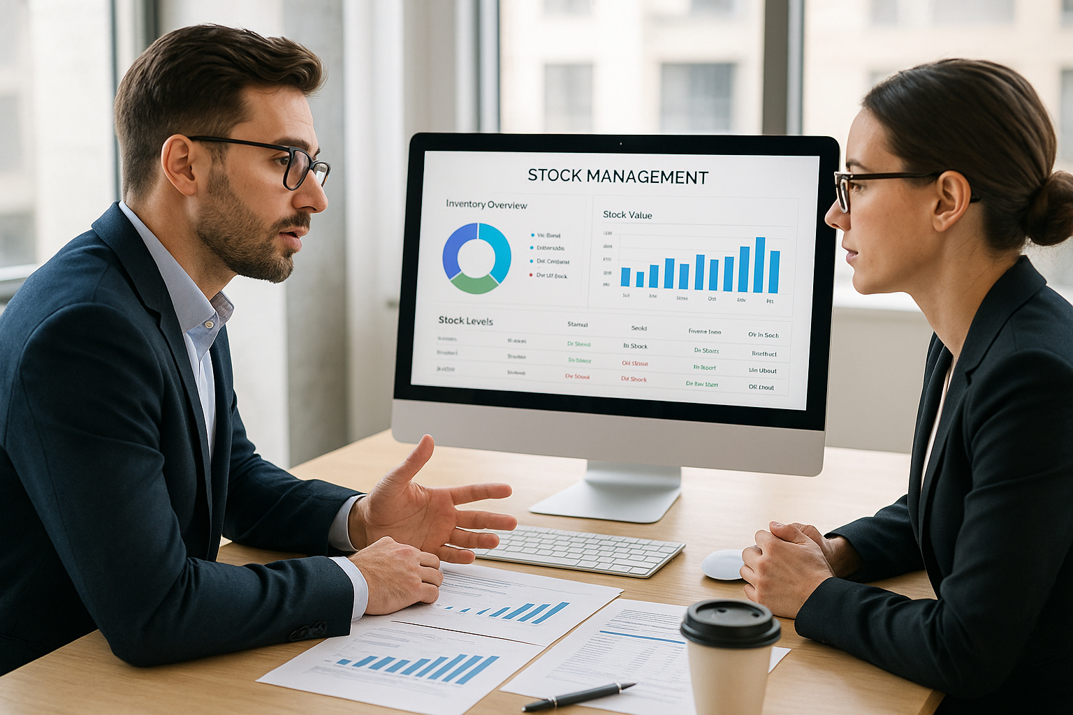 Deux professionnels discutant logiciel de gestion de stock au bureau