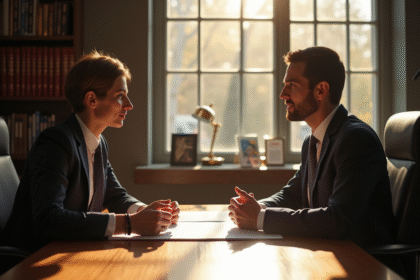 Discussion entre un employe et un avocat dans un bureau lumineux