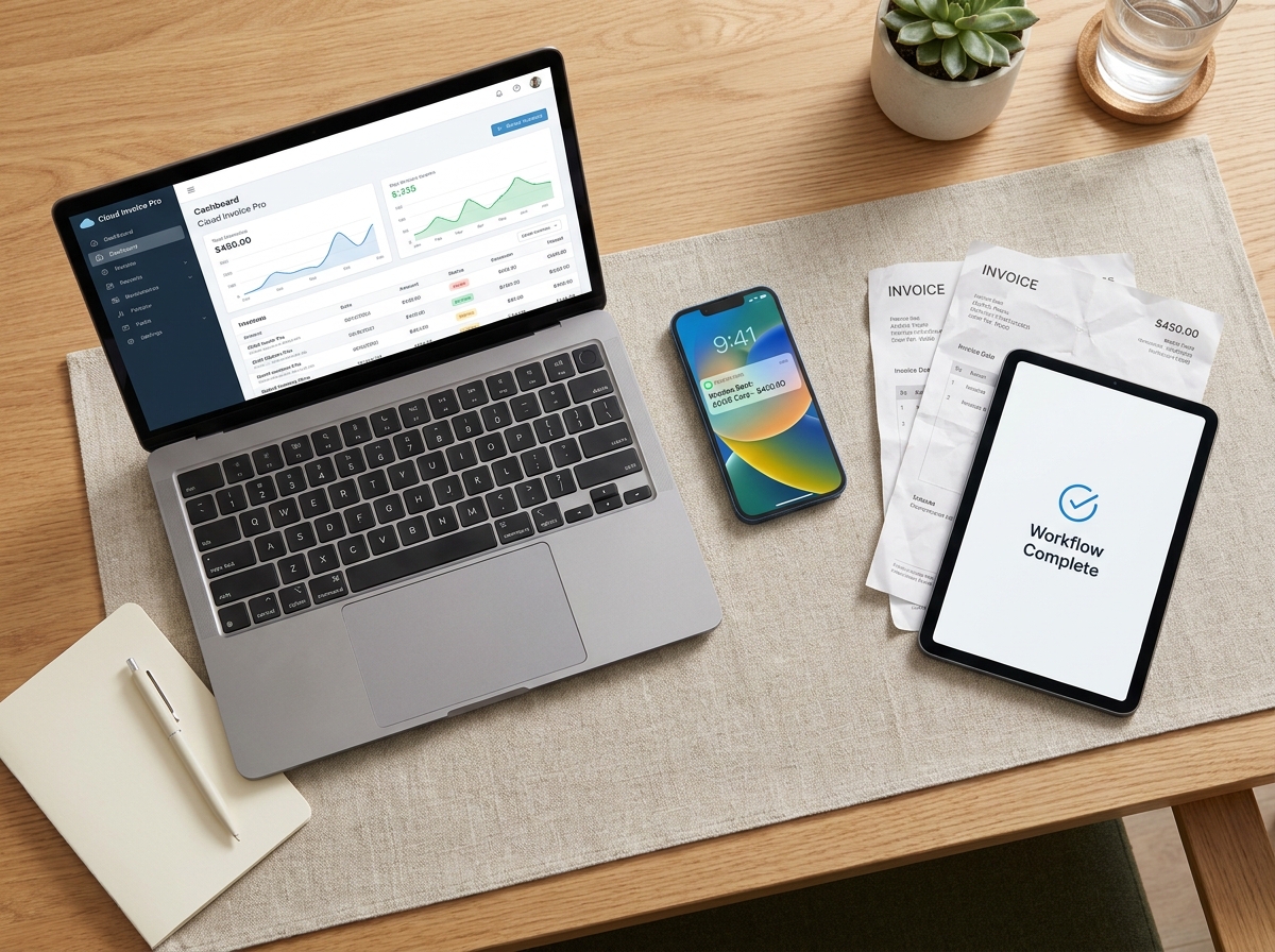 Vue aérienne d'un bureau avec un ordinateur portable affichant un logiciel de facturation en ligne et des factures papier en cours de numérisation, illustrant les enjeux de la dématérialisation