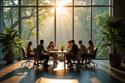 Bureau moderne avec équipe collaborative et vue sur la nature