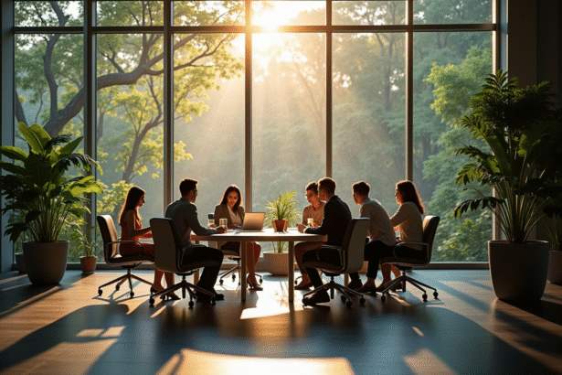 Bureau moderne avec équipe collaborative et vue sur la nature