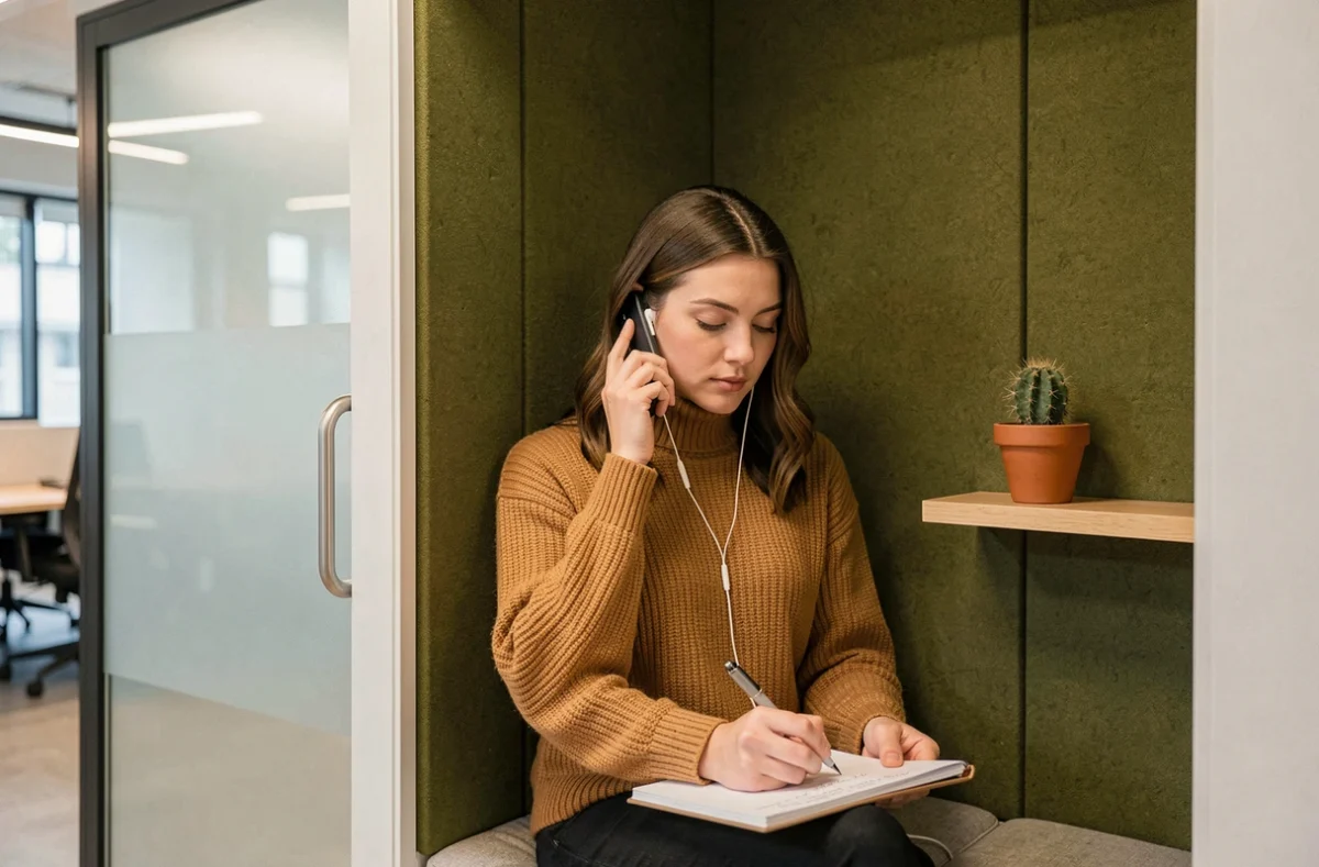 Jeune femme en cabine téléphonique acoustique dans un espace coworking moderne à Biarritz