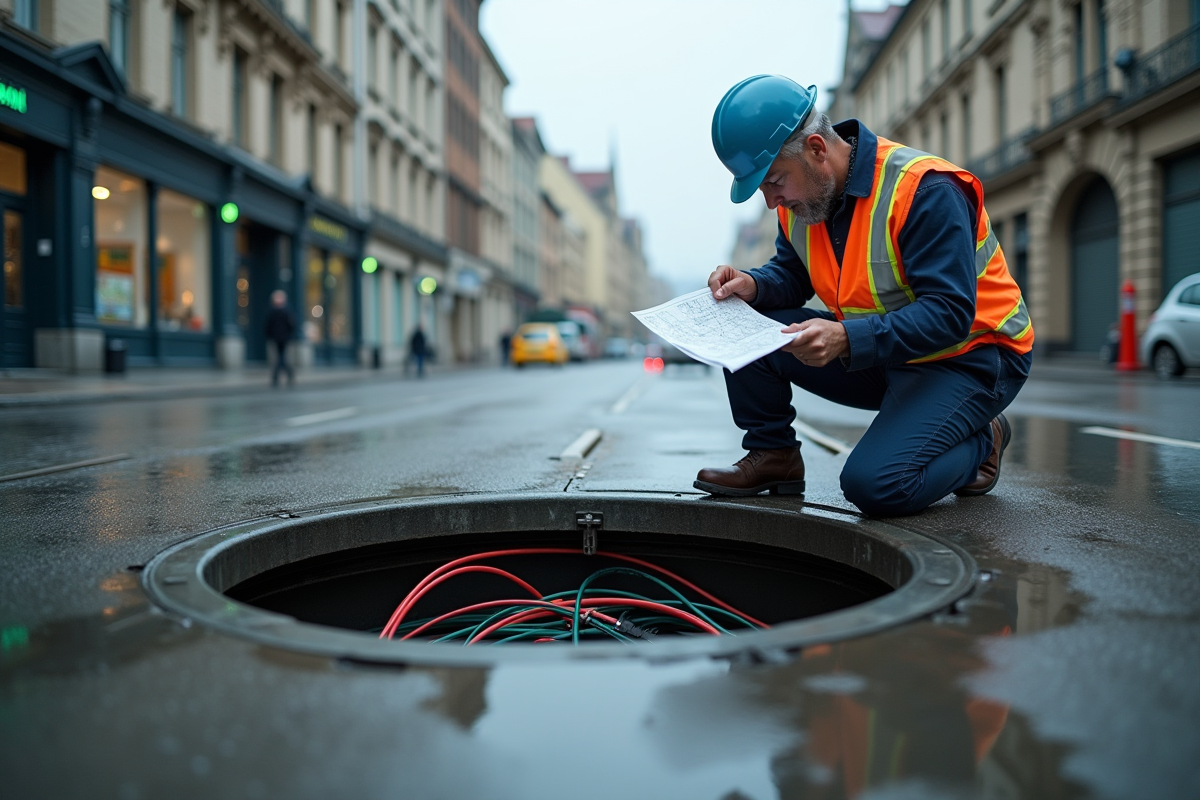 Technicien en rue avec câbles fibre optique et carte dans une rue urbaine