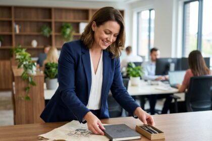Femme arrangeant des cadeaux d'entreprise abordables sur un bureau en bois dans un open space moderne