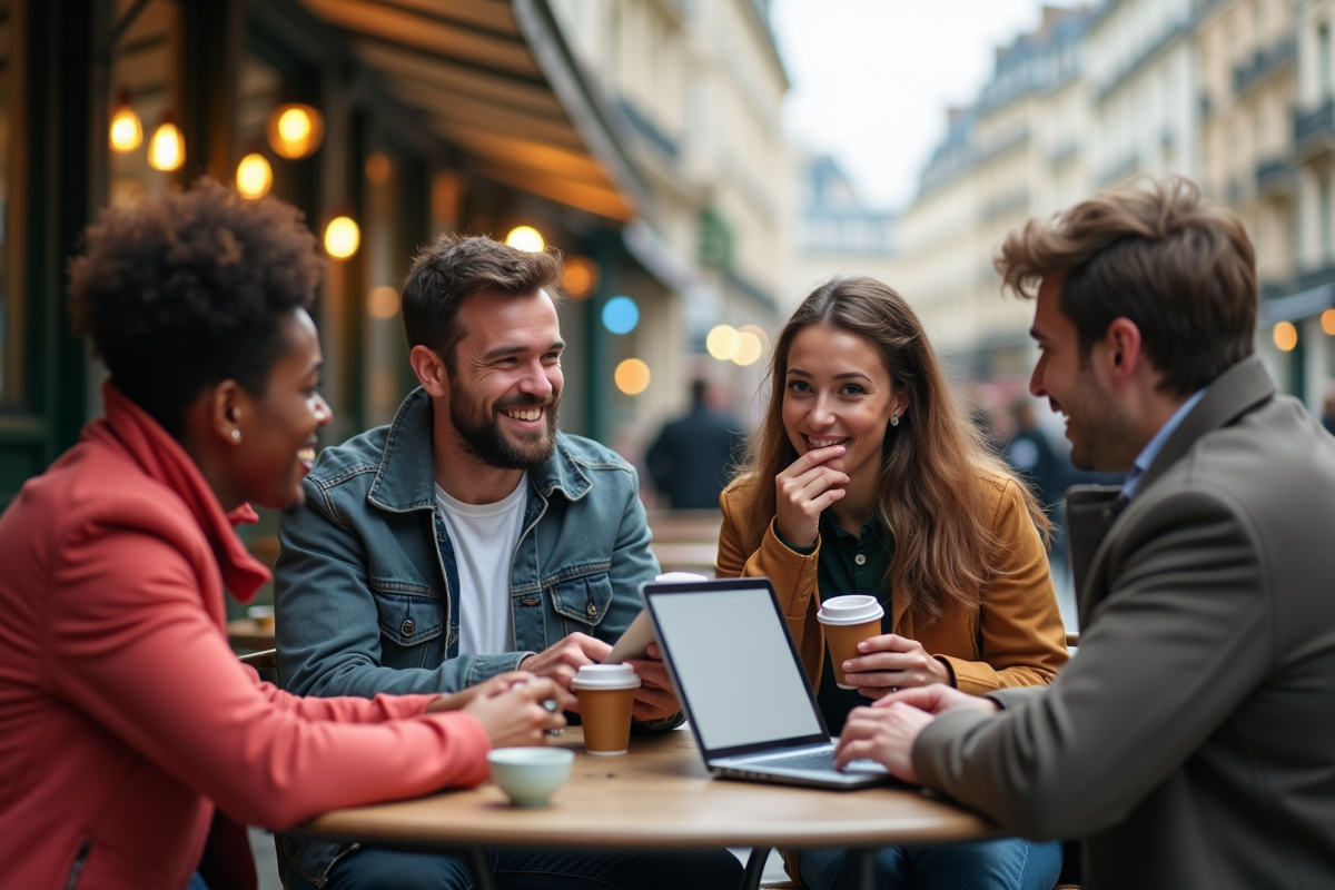 Groupe de jeunes discutant dans un café parisien en plein air