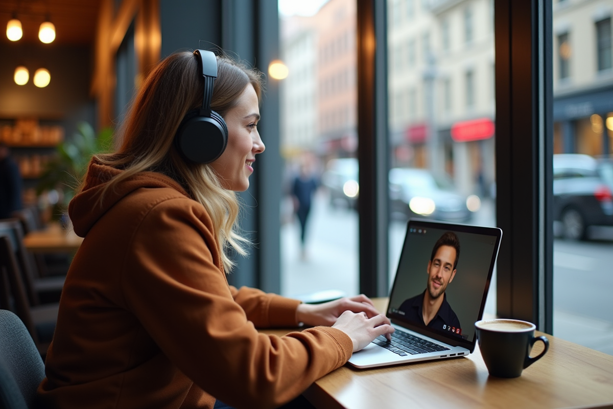 Freelance en café avec casque et appel vidéo