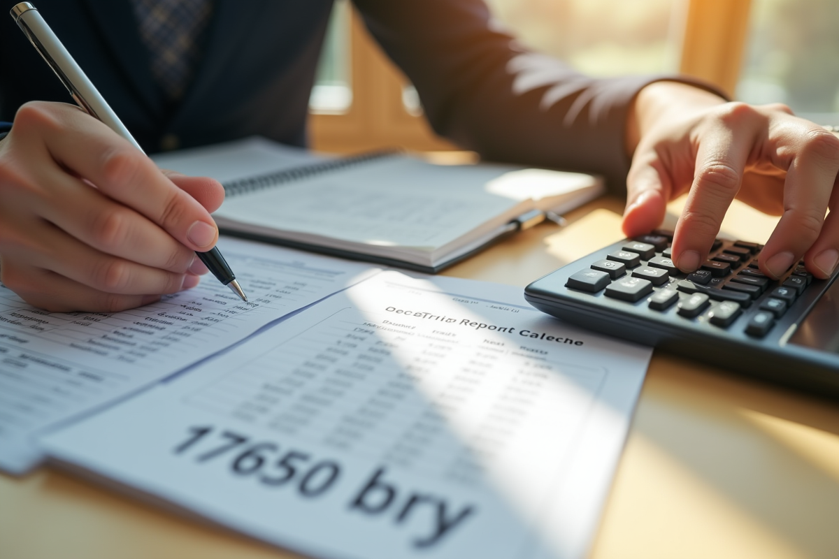 Mains utilisant une calculatrice et un stylo sur un carnet avec un rapport de salaire