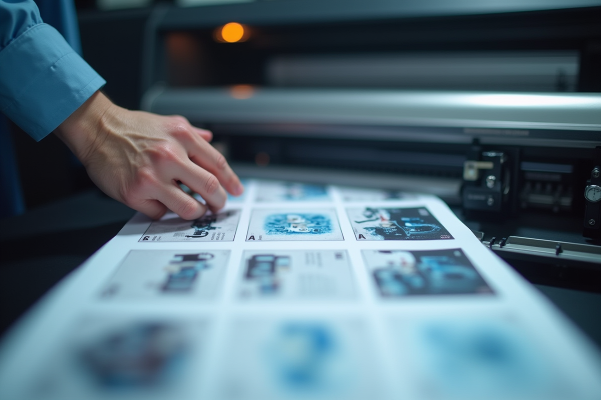 Mains calibrant une imprimante grand format en studio lumineux